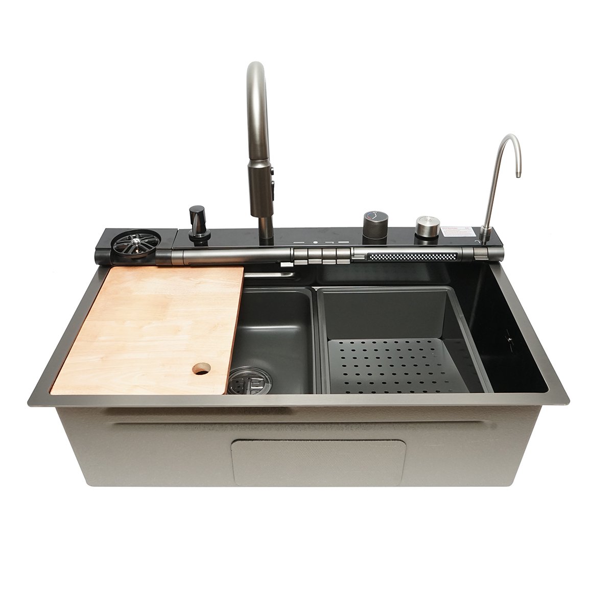 Chiuveta bucatarie multifunctionala cu doua baterii, otel inoxidabil cu afisaj digital temperatura, doua cascade, spalator pahare, scurgator, tava, tocator si accesorii incluse, dimensiune 75x46x22cm